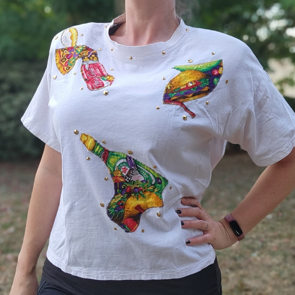 Charle Casuals California Vintage Studded White Food Patchwork Rhinestone Shirt